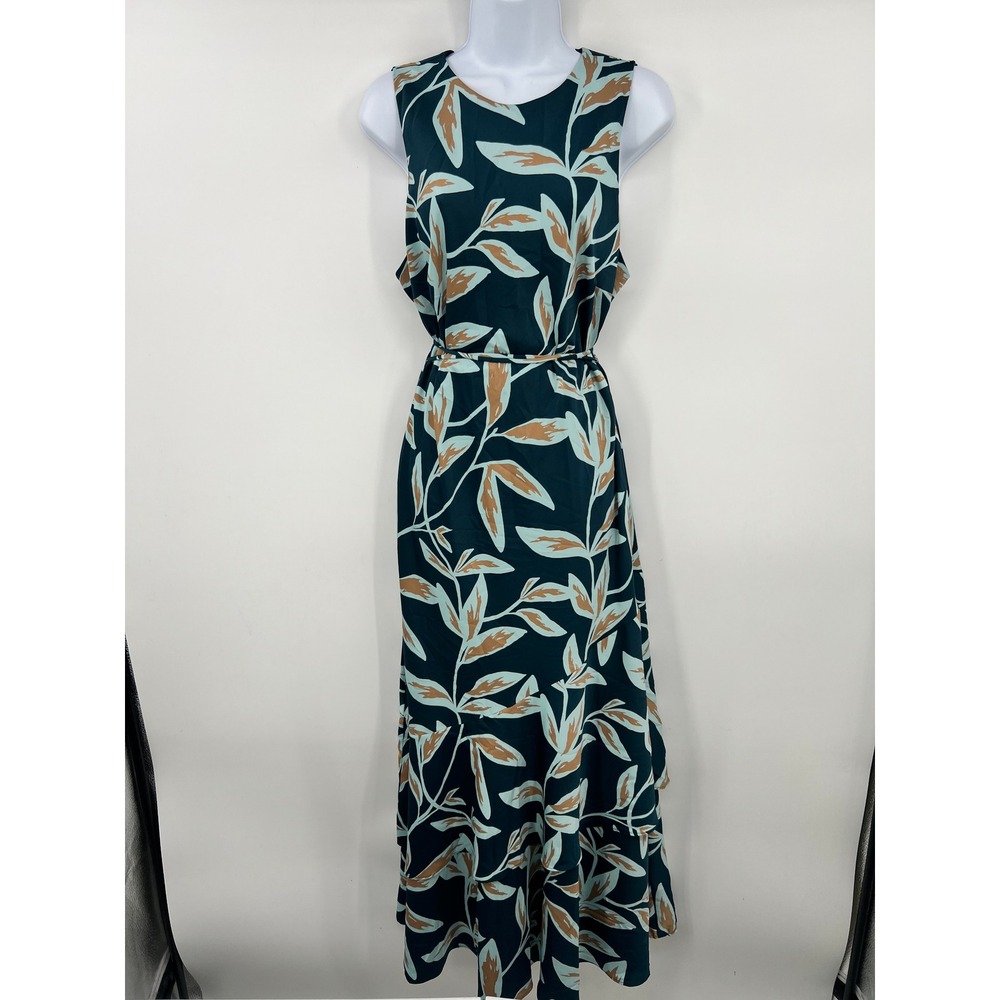 Banana Republic Size Large Dark Teal Green Floral Leaf Belted Tiered Midi Dress